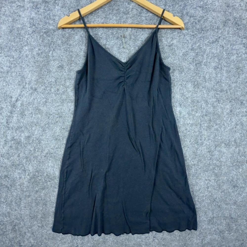 Newport News Slip Dress Women Medium Black Cotton Basics V Neck Scalloped Hem